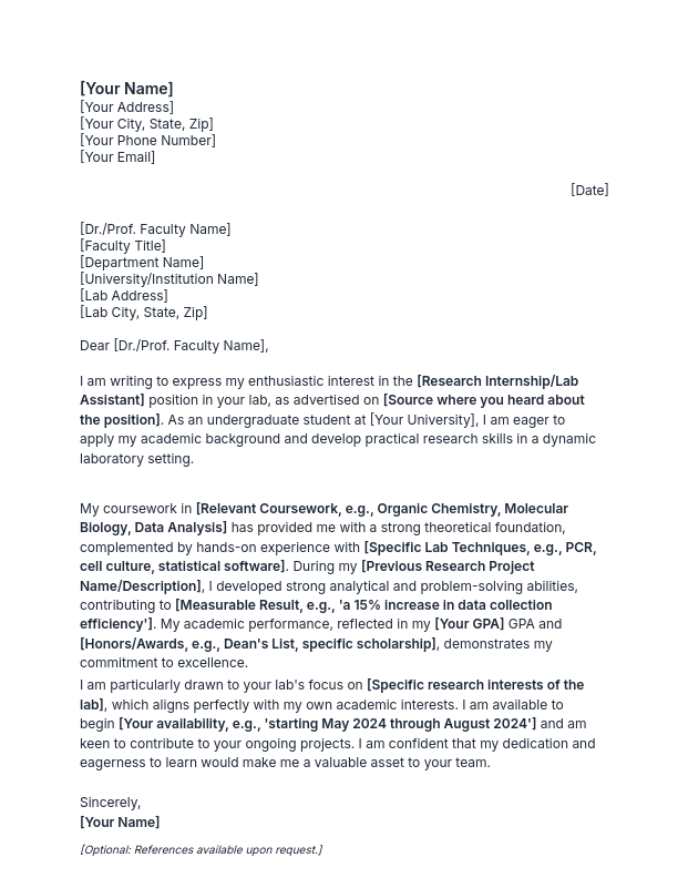 Undergraduate Research Internship Cover Letter